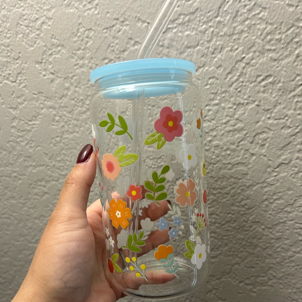 Floral Glass Can Tumbler with Straw
